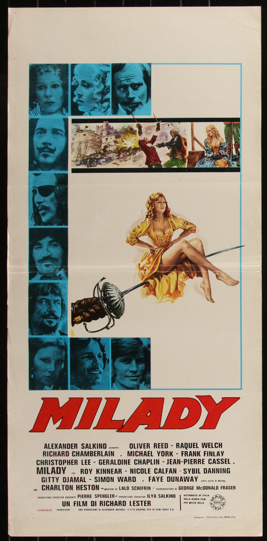 Vintage movie poster for 'Milady' with character portraits and a woman in a yellow dress.