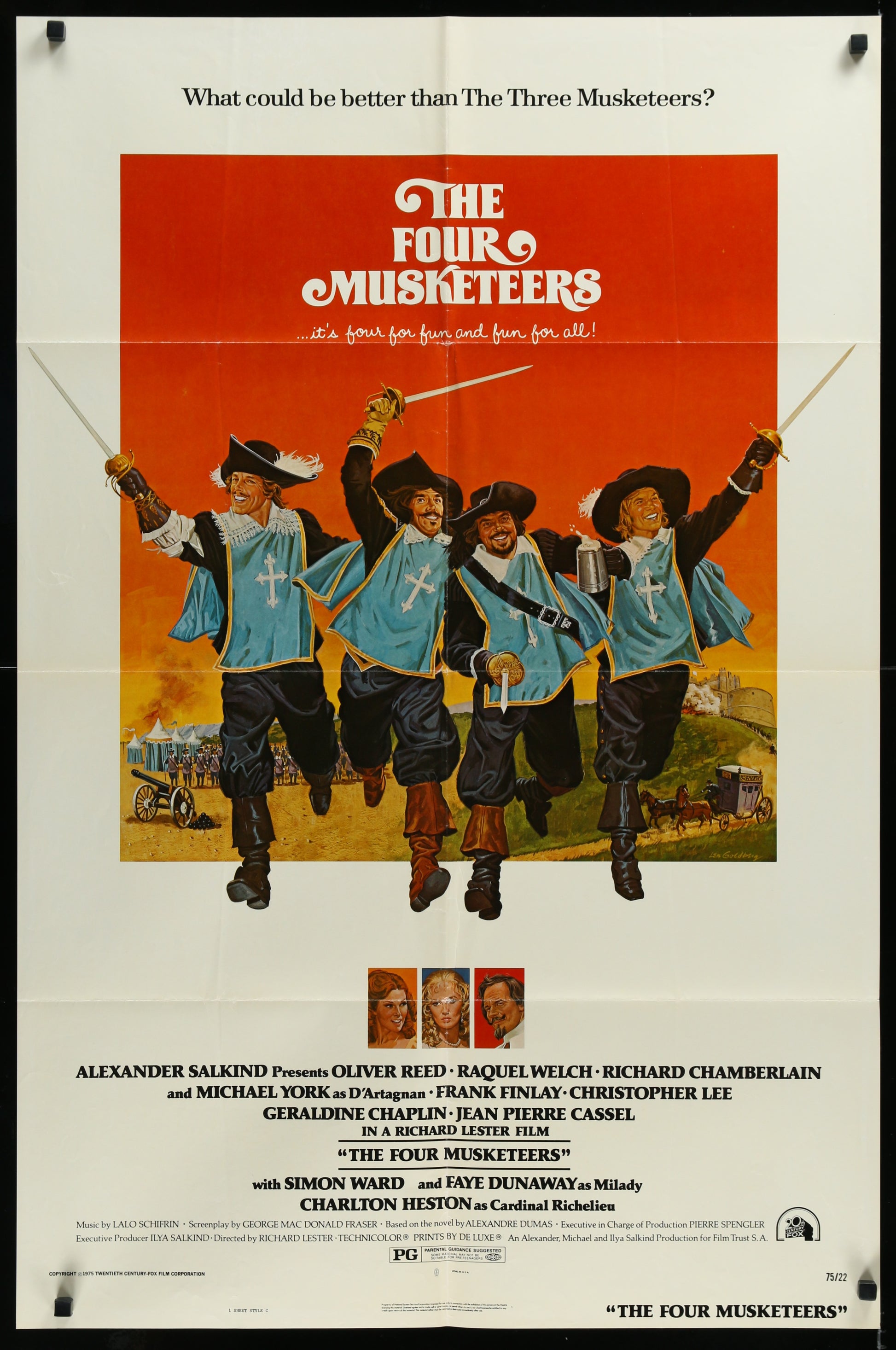A vintage US one-sheet movie poster for 'The Four Musketeers' featuring characters in historical costumes with a swordfight scene, and a title text at the top.