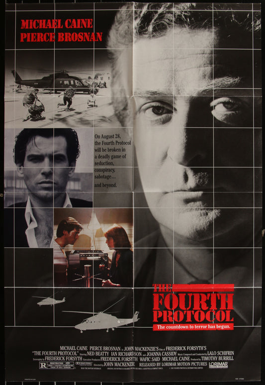 Original US one sheet movie poster for The Fourth Protocol featuring images of the main characters Michael Caine and Pierce Brosnan, with a background of the film's setting in London.