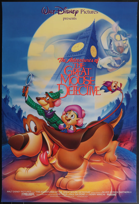 The image displays a vintage movie poster for 'The Great Mouse Detective' animated film, showcasing a vibrant and colorful design with illustrations of the main characters, a mouse dressed as a detective and a dog, against a backdrop of a full moon and a cityscape.