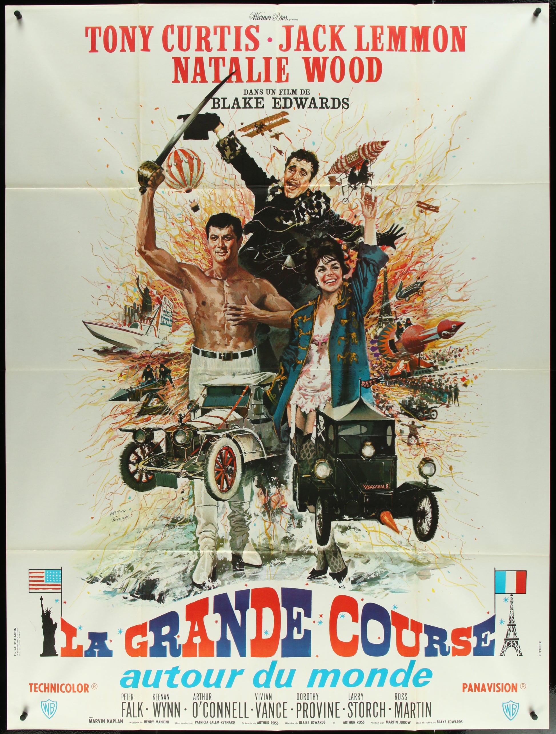 A vintage French movie poster for 'The Great Race' featuring images of the main actors and a colorful backdrop.