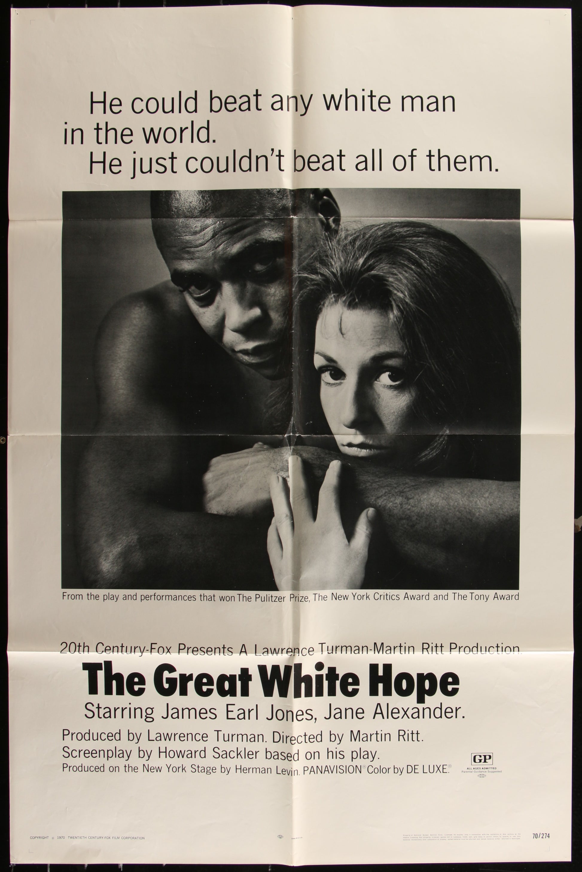 Original US one-sheet movie poster for 'The Great White Hope' featuring images of James Earl Jones and Jane Alexander, with text and a boxing theme.