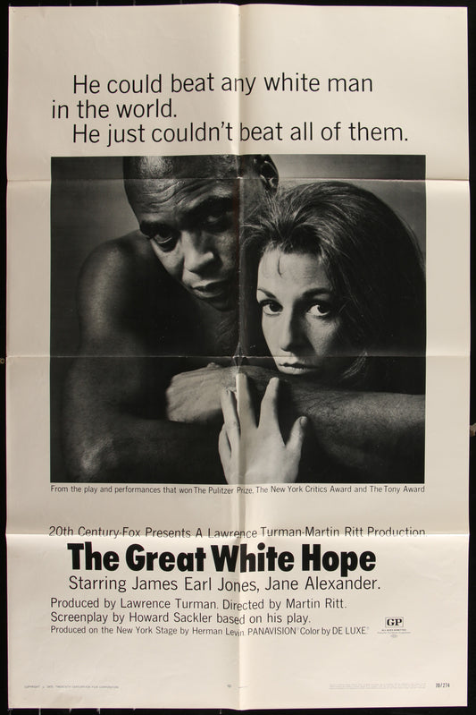 Original US one-sheet movie poster for 'The Great White Hope' featuring images of James Earl Jones and Jane Alexander, with text and a boxing theme.