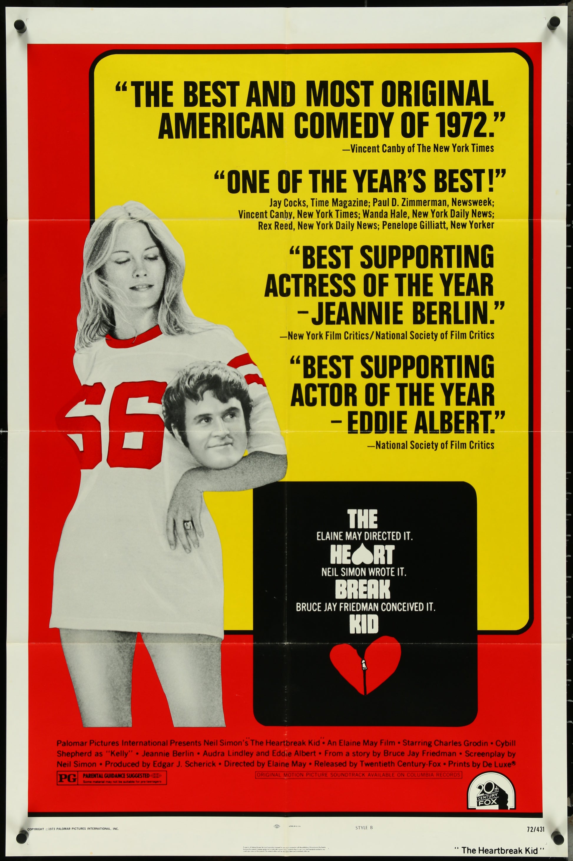 Original US one-sheet movie poster for 'The Heartbreak Kid' featuring actors Charles Grodin and Cybill Shepherd, with a yellow and red color scheme and various film accolades displayed.