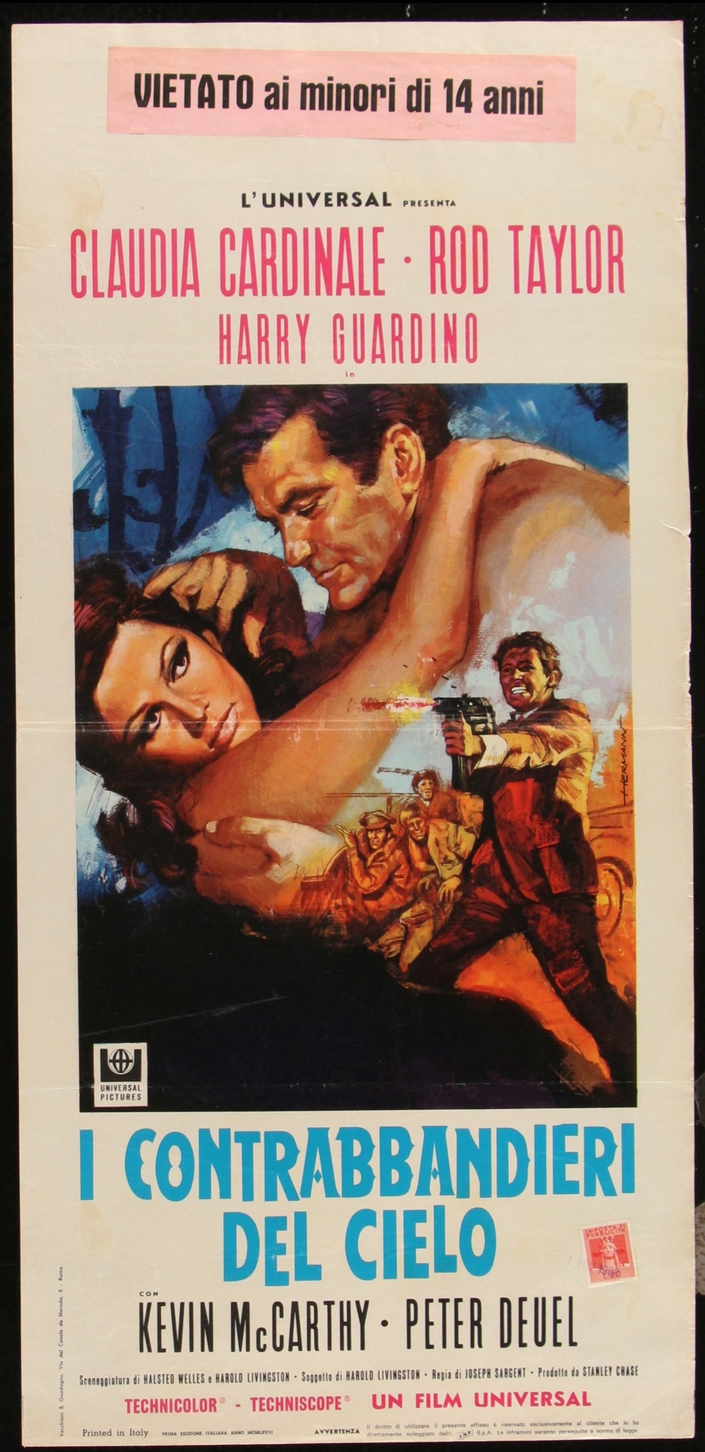 Original Italian movie poster for 'The Hell With Heroes' featuring Claudia Cardinale and Rod Taylor with a black and blue color scheme and various text.