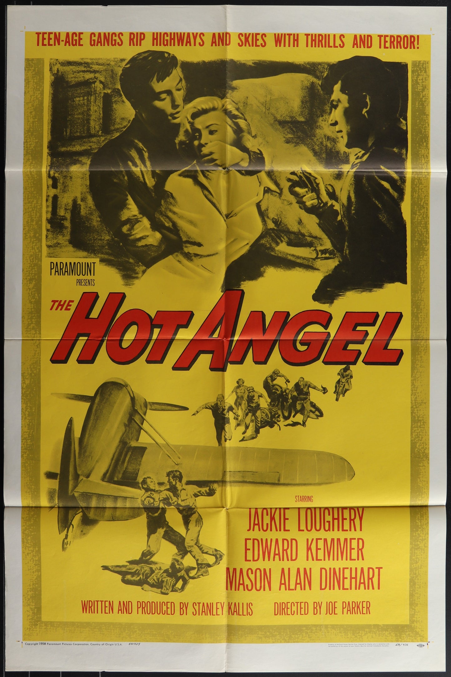 Original US one sheet movie poster for 'The Hot Angel' featuring images of the main characters and a plane in the background.