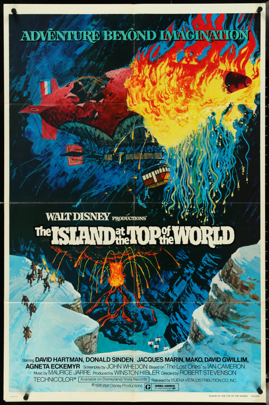 Vintage style movie poster for 'The Island At The Top Of The World' featuring an airplane in a dramatic landscape with a fiery background, indicative of the film's adventure theme.