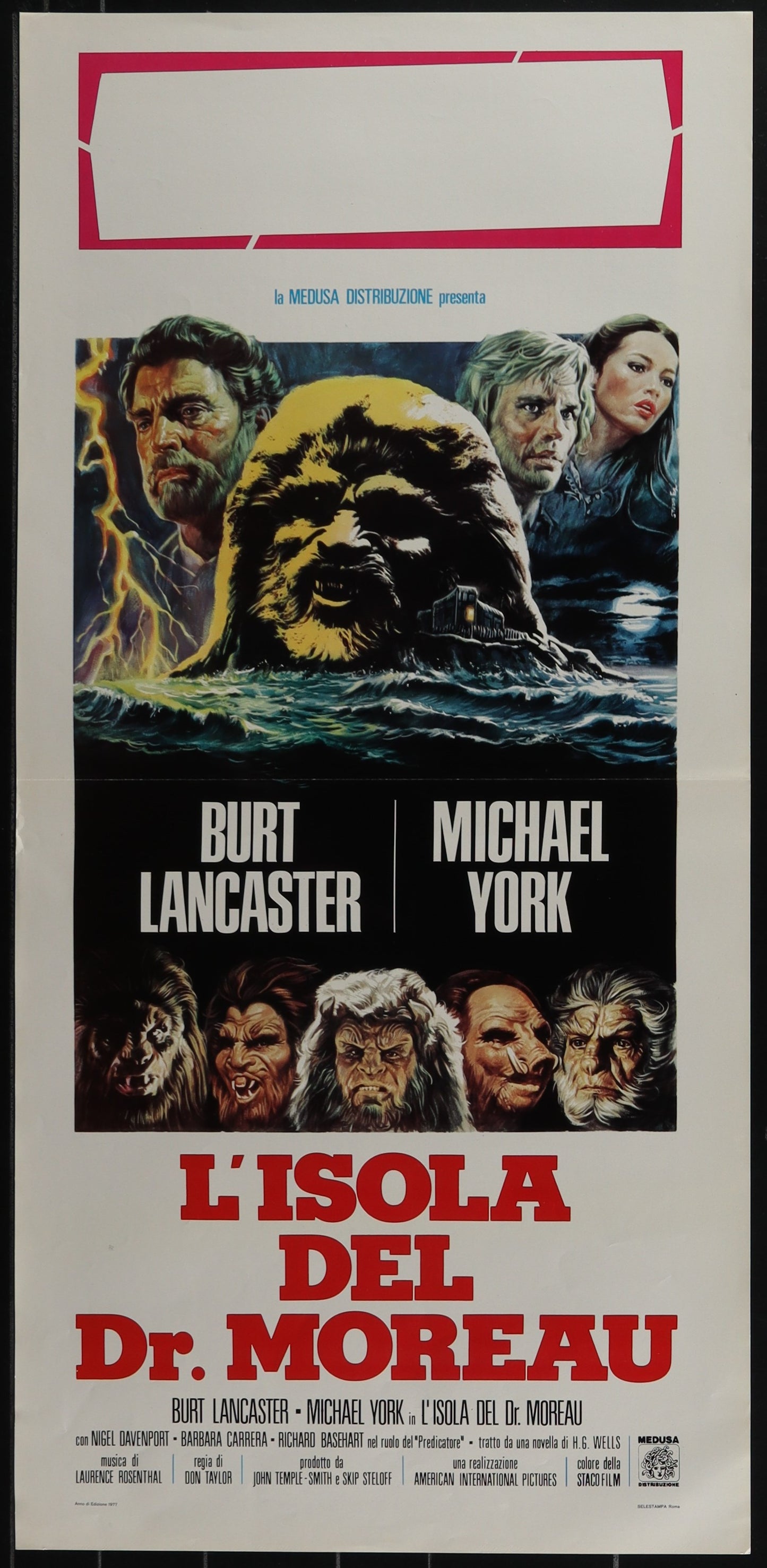 Original Italian movie poster for The Island of Dr. Moreau (1977) featuring actors Burt Lancaster and Michael York, with a black and white image of the movie title and a shadowy figure resembling the character Dr.