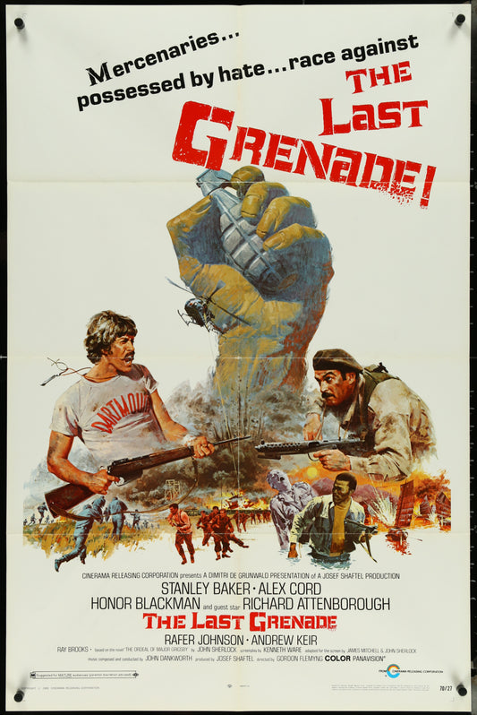 Vintage style movie poster for 'The Last Grenade' featuring two male characters prominently, with a background of a military setting.