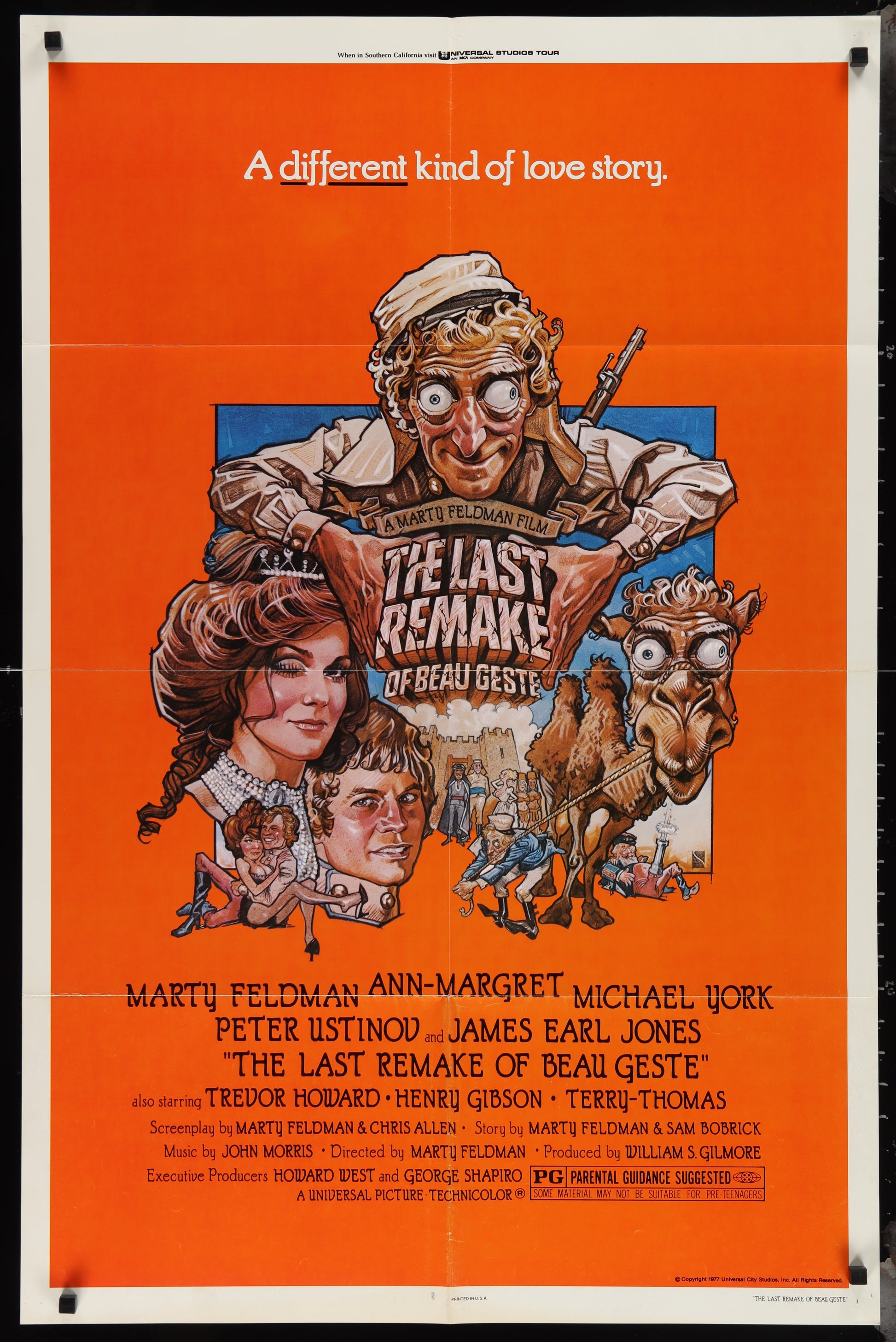 Movie poster for 'The Last Remake of Beau Geste' with characters and text on an orange background