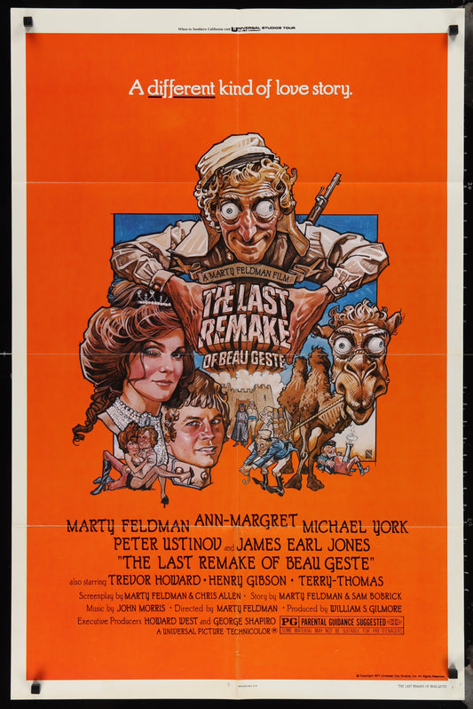 Movie poster for 'The Last Remake of Beau Geste' with characters and text on an orange background