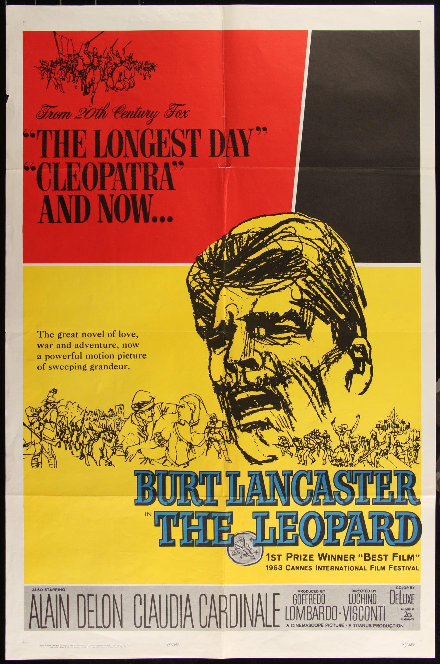 The image displays an original US one-sheet movie poster for the 1963 military epic film, "The Leopard." The poster features a striking design with bold yellow and red text, and a prominent illustration of Burt Lancaster in the title role.