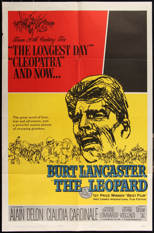 The image displays an original US one-sheet movie poster for the 1963 military epic film, "The Leopard." The poster features a striking design with bold yellow and red text, and a prominent illustration of Burt Lancaster in the title role.