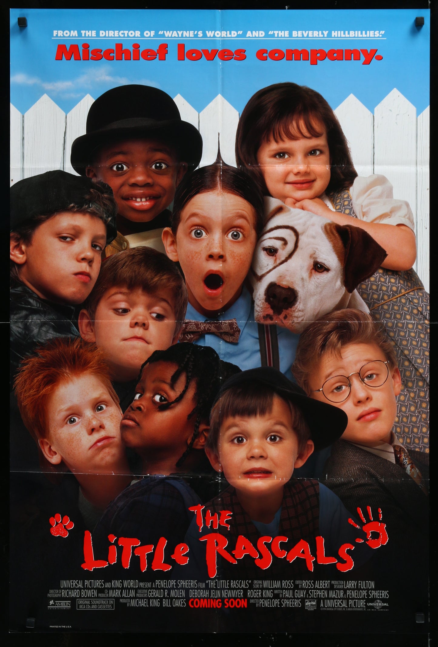 A vintage style movie poster for 'The Little Rascals' featuring a collage of the main characters with a white dog in the background.