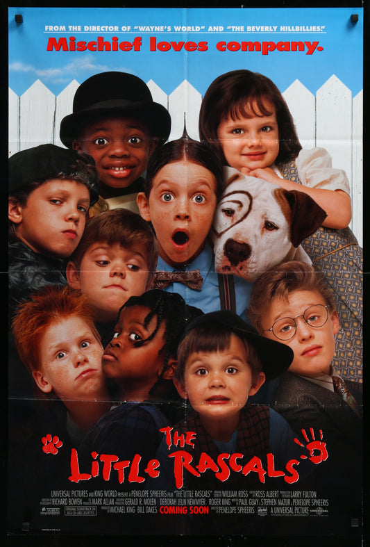 A vintage style movie poster for 'The Little Rascals' featuring a collage of the main characters with a white dog in the background.