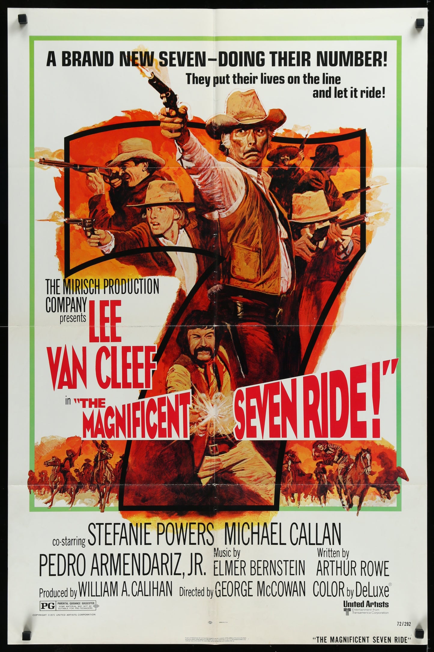 A vintage one-sheet movie poster for 'The Magnificent Seven Ride!' featuring a gun-toting cowboy in the foreground with a background of several other cowboys on horses. The poster is in black, red, and yellow tones with text and branding at the top.