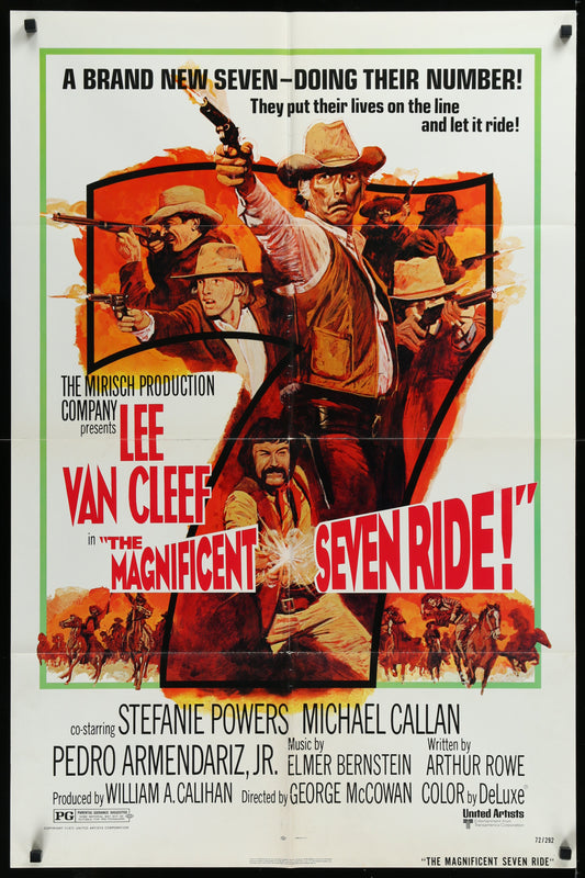 A vintage one-sheet movie poster for 'The Magnificent Seven Ride!' featuring a gun-toting cowboy in the foreground with a background of several other cowboys on horses. The poster is in black, red, and yellow tones with text and branding at the top.