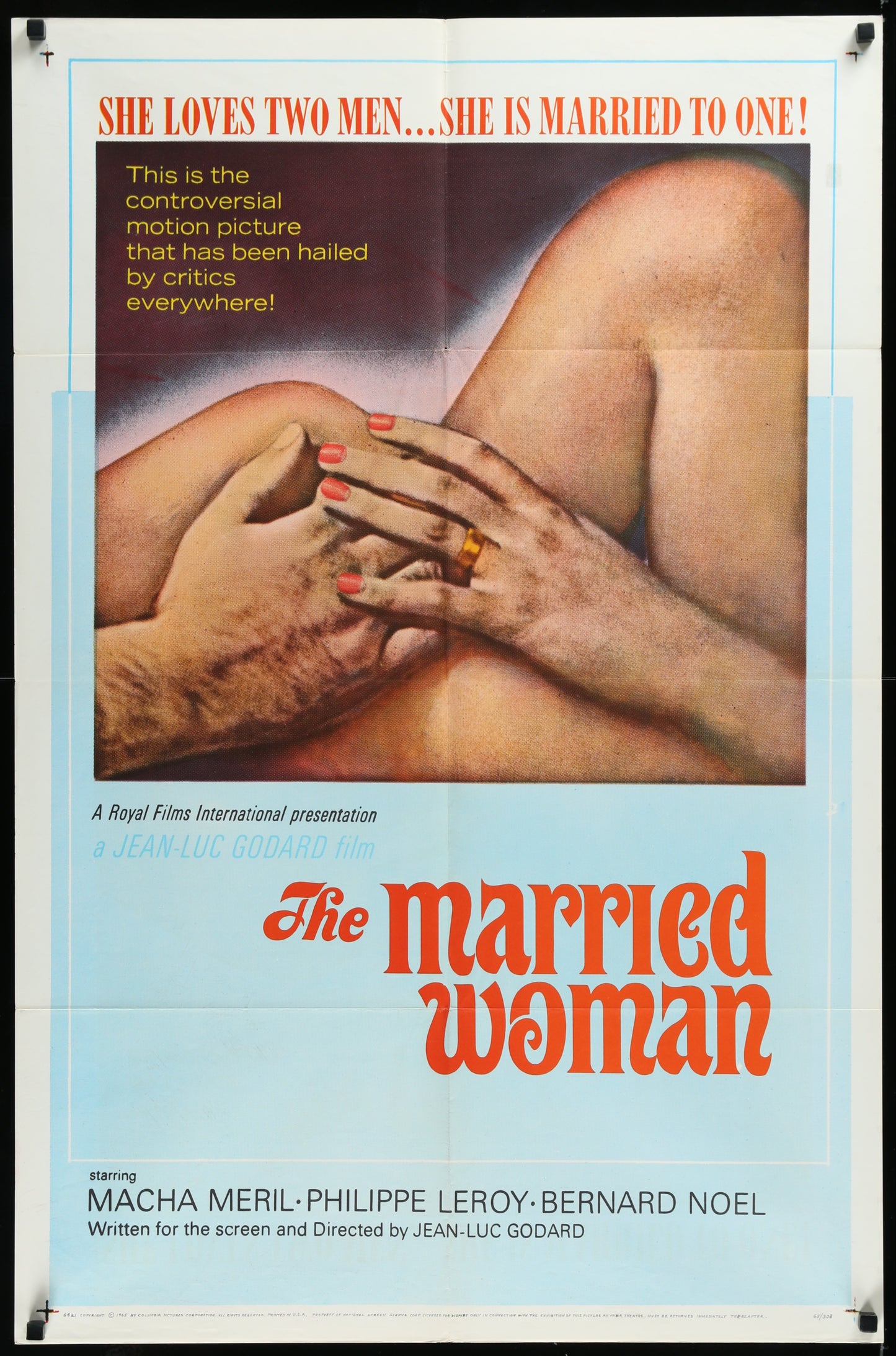 Vintage style movie poster for 'The Married Woman' featuring a woman with red nail polish and a man touching her knee, set against a dark background with text and credits.