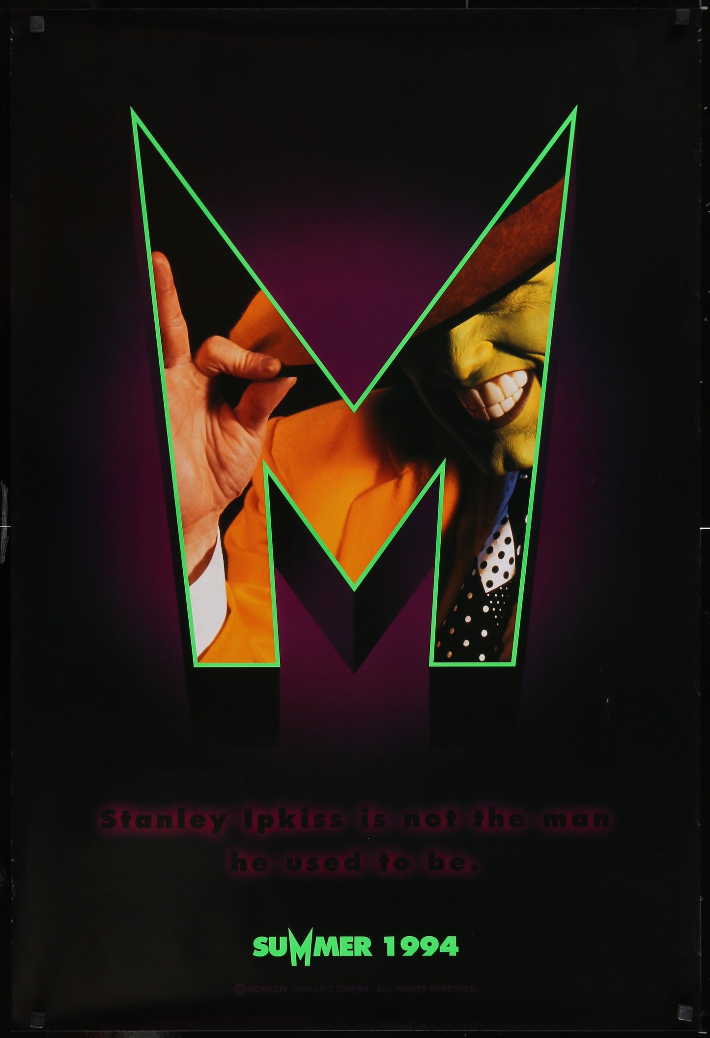 Promotional poster with a stylized 'M' and two characters, featuring text about a movie release in 1994.