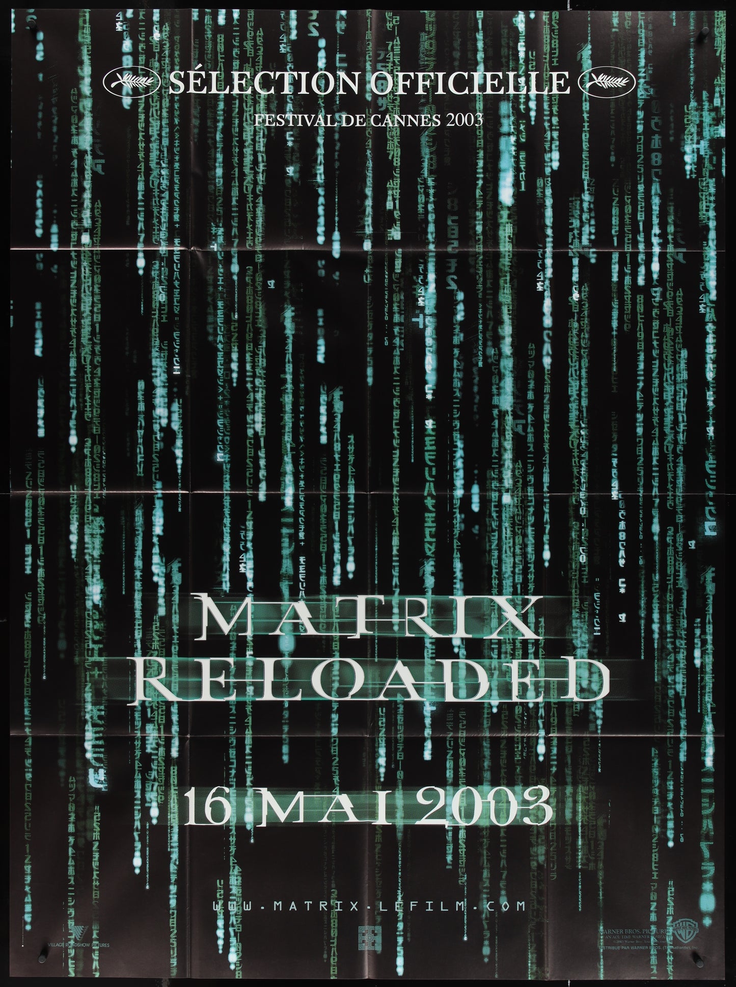 A one-panel movie poster for The Matrix Reloaded (2003) featuring a black background with green neon lines and text, indicating selection for official display at Cannes Film Festival.
