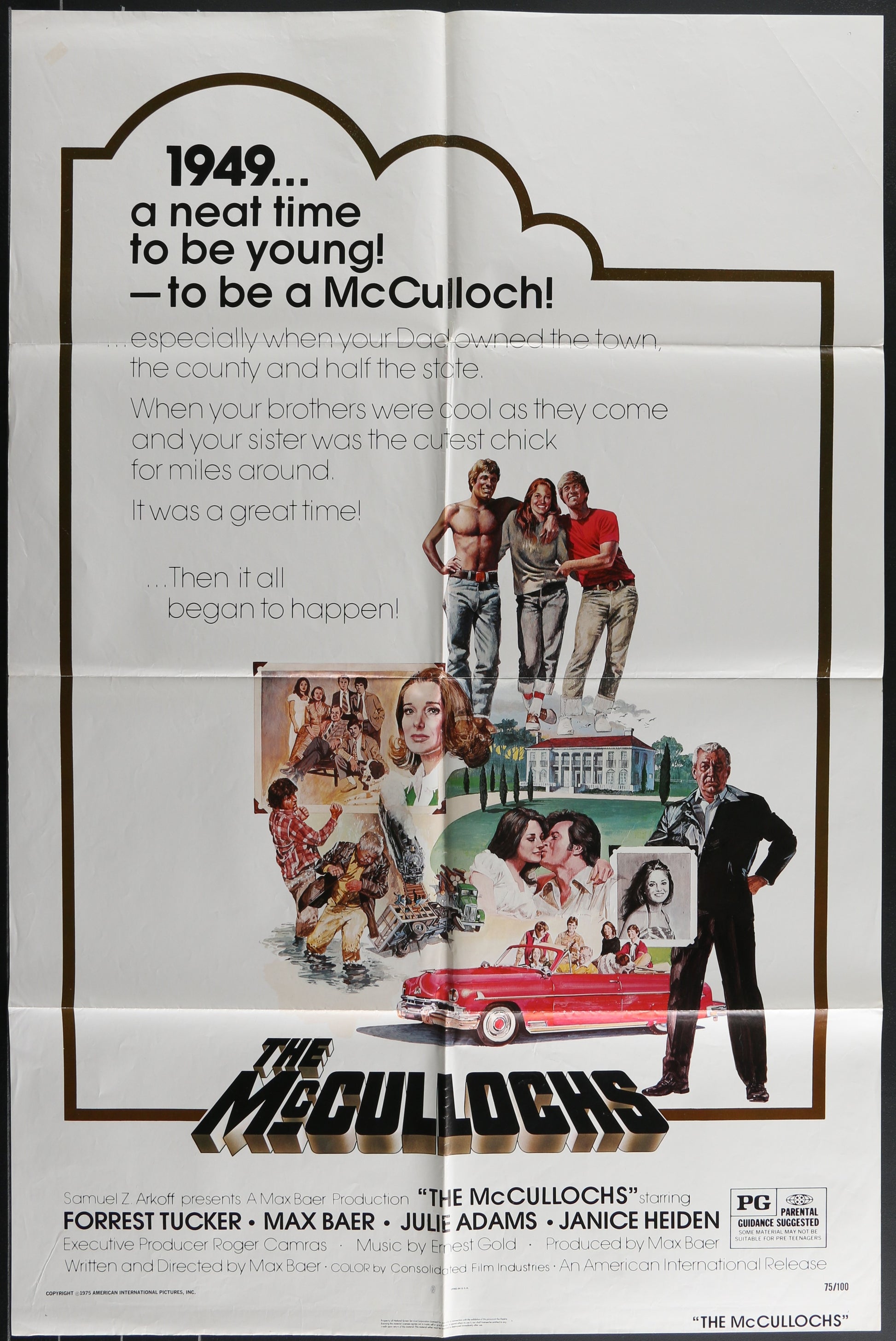 Vintage style movie poster for 'The McCullochs' featuring a collage of images with characters and a red car, indicating the film's era and plot elements.