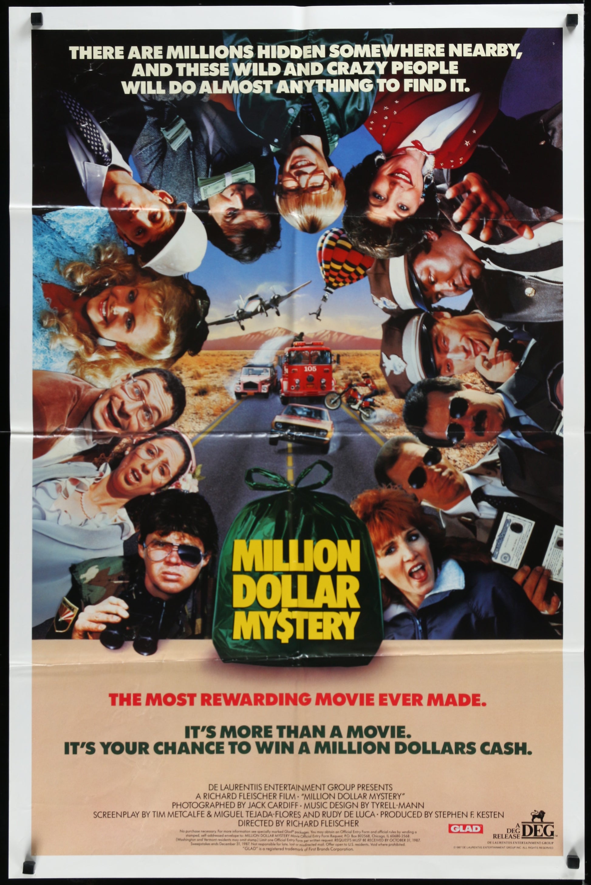 Vintage one-sheet movie poster for 'The Million Dollar Mystery' featuring a collage of the main characters in various comedic poses and a green prop resembling a suitcase with the title text.