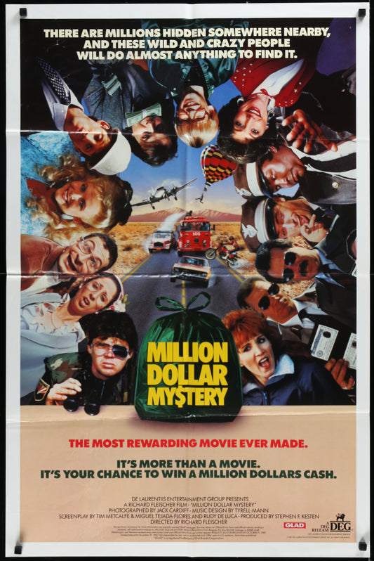 Vintage one-sheet movie poster for 'The Million Dollar Mystery' featuring a collage of the main characters in various comedic poses and a green prop resembling a suitcase with the title text.