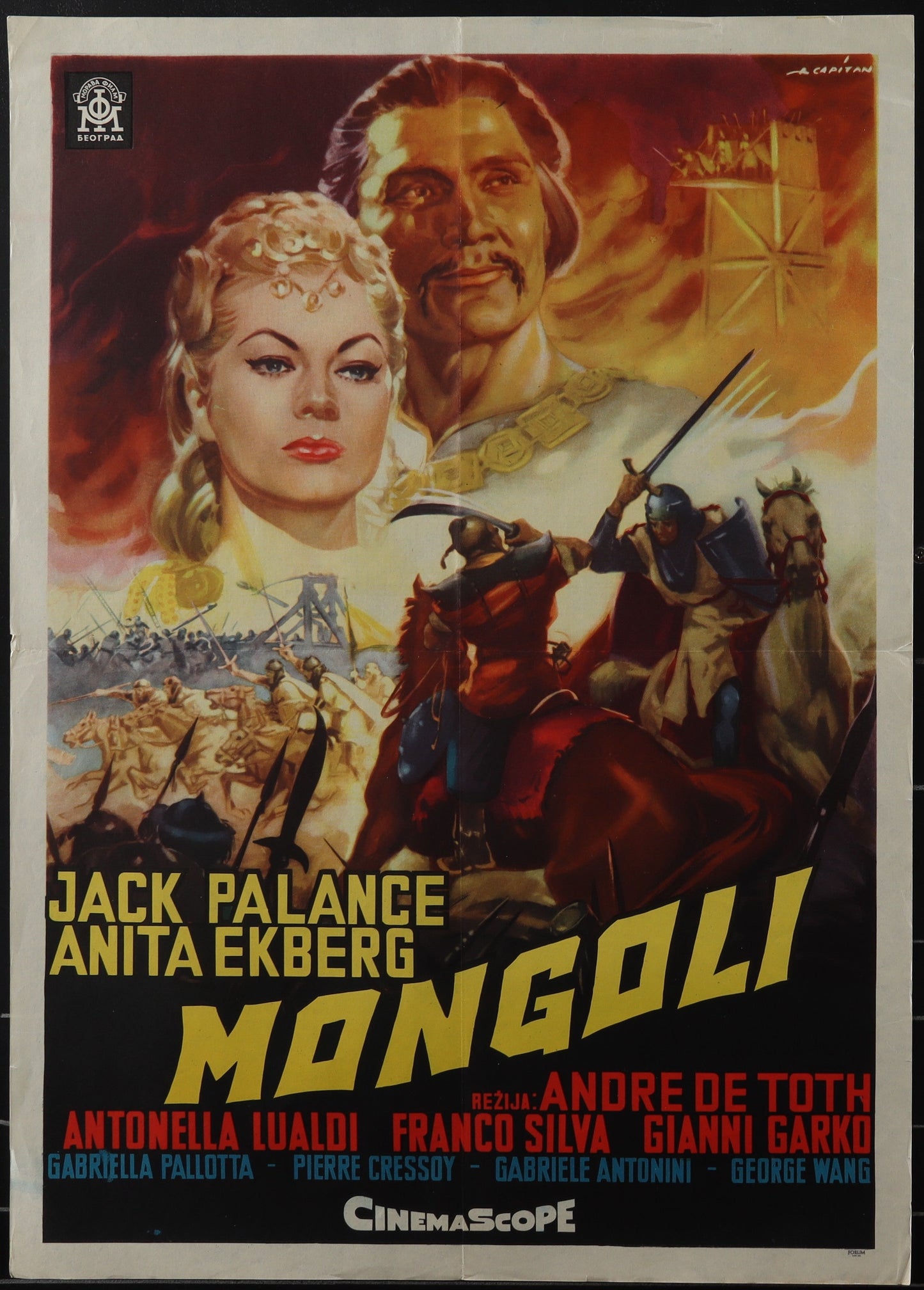 Vintage movie poster for 'The Mongols' featuring a man on horseback with a sword, with the actors Anita Ekberg and Jack Palance, and the director's name Andre De Toth.