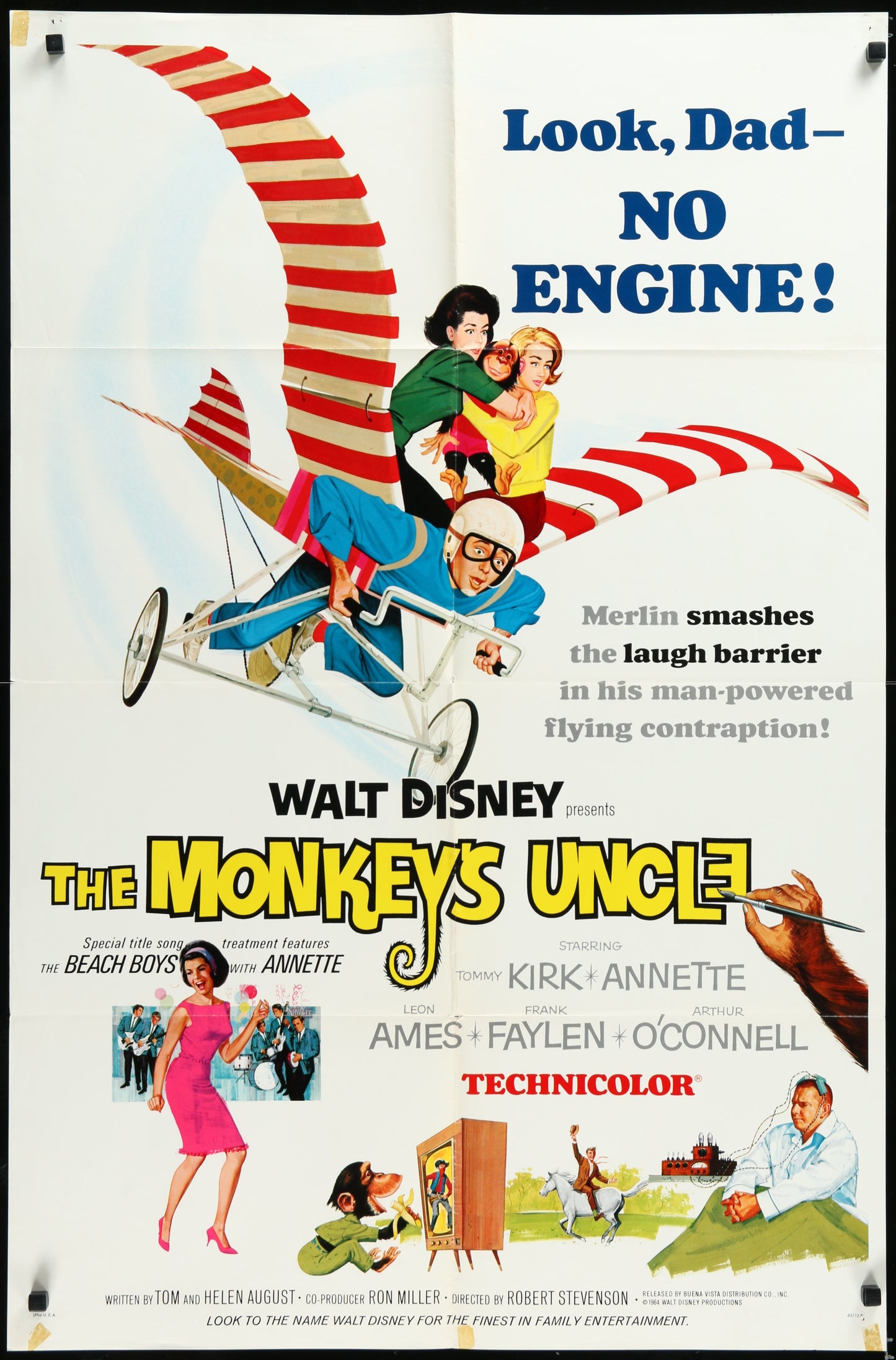 Original US one sheet movie poster for The Monkey's Uncle featuring cartoonish illustrations of the main characters with a Disney-like aesthetic. The poster is predominantly colored with red and blue stripes and includes text and company logos.