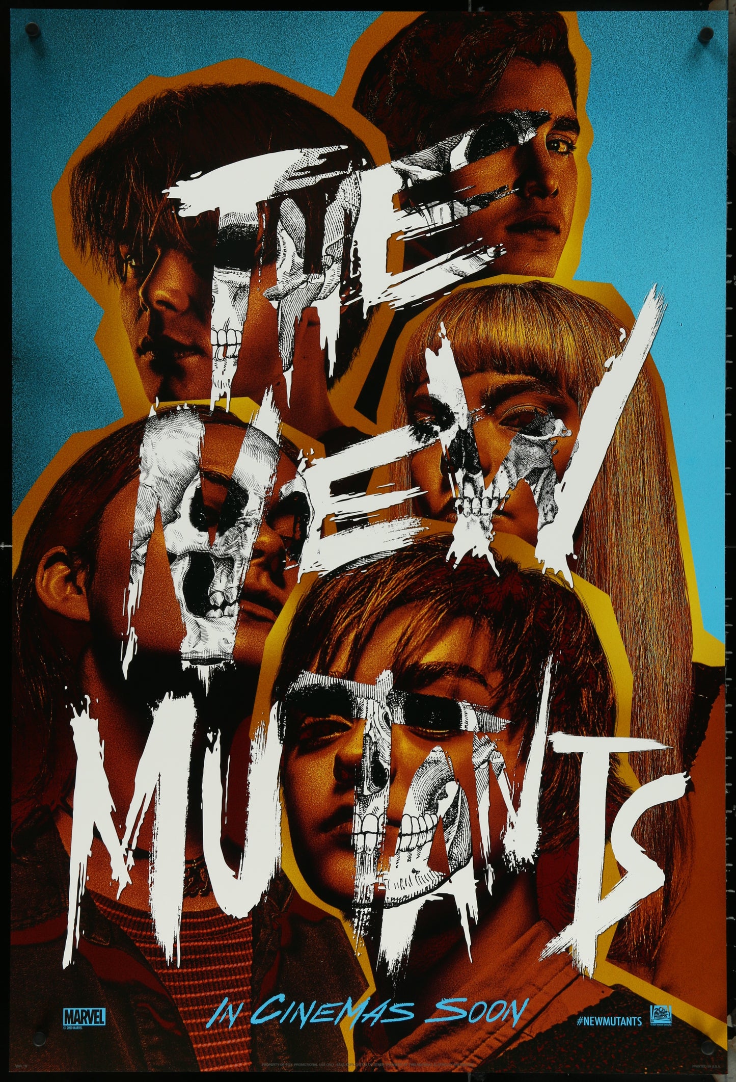 Original US one sheet movie poster for The New Mutants featuring character portraits and the movie title in stylized text.