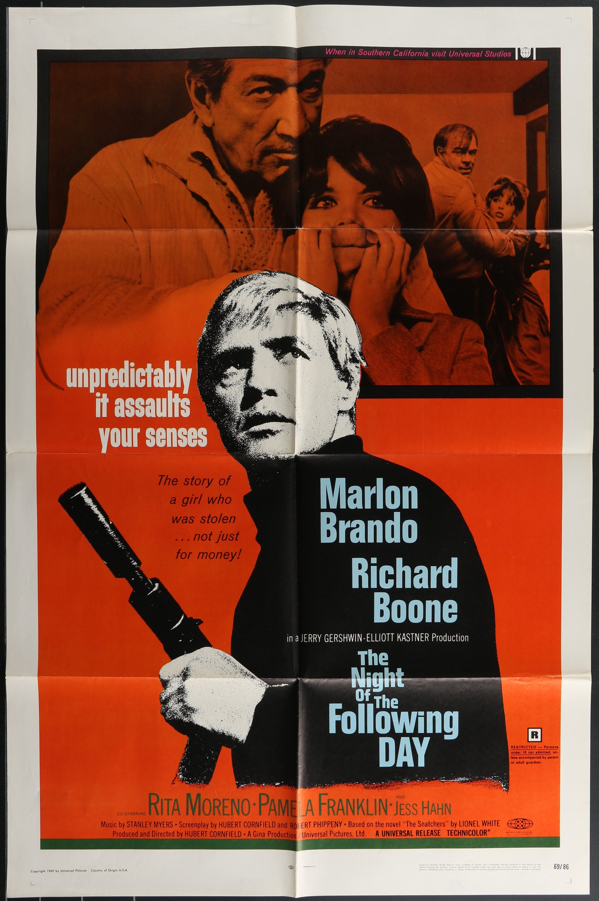 Vintage style movie poster for 'The Night Of The Following Day' featuring a black and white image of Marlon Brando with a gun, set against an orange and yellow background.