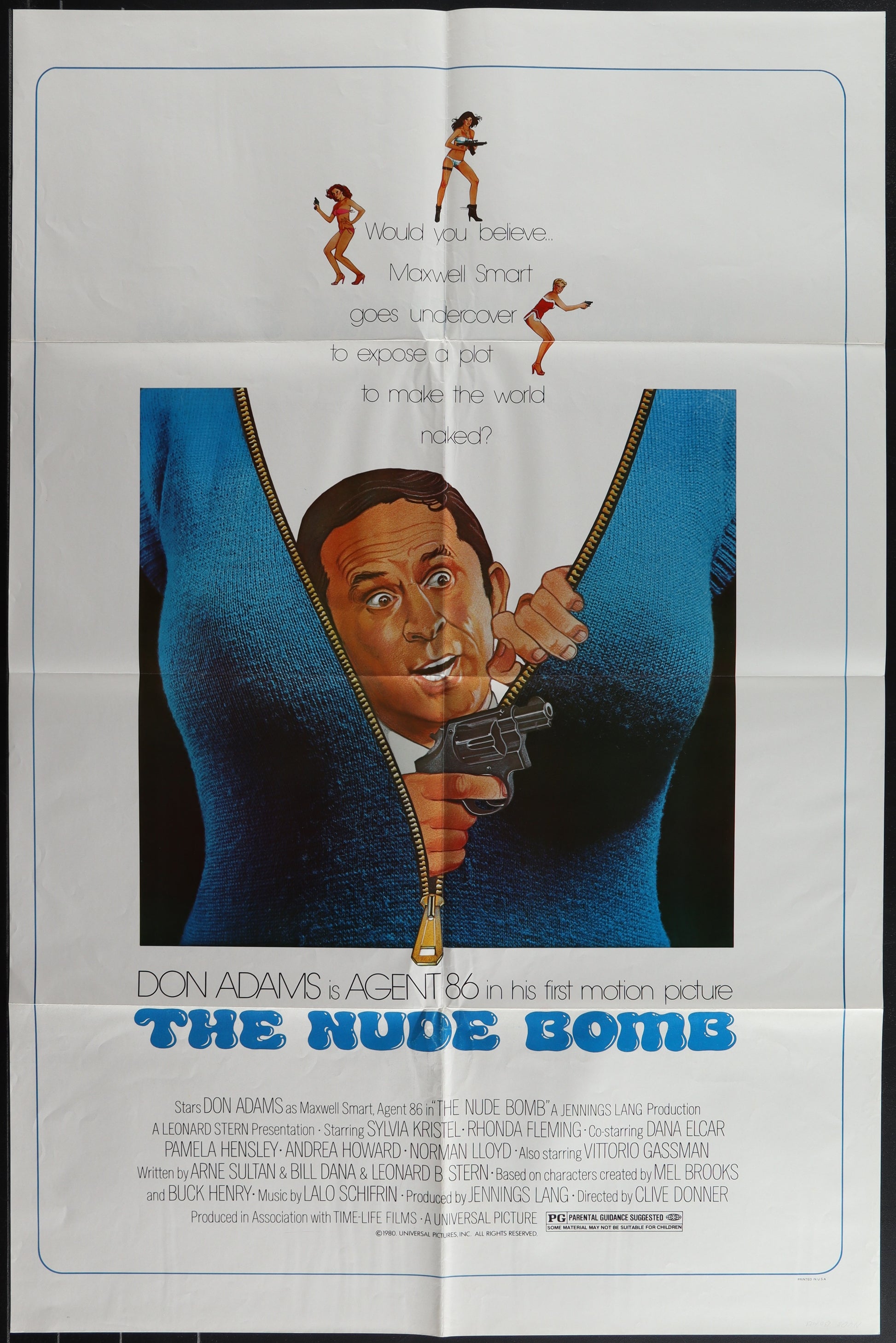 Vintage movie poster for 'The Nude Bomb' featuring a man in a suit with a gun, with text and a graphic of a bomb.