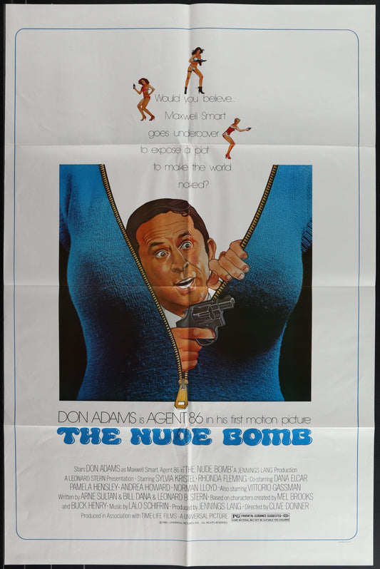 Vintage movie poster for 'The Nude Bomb' featuring a man in a suit with a gun, with text and a graphic of a bomb.