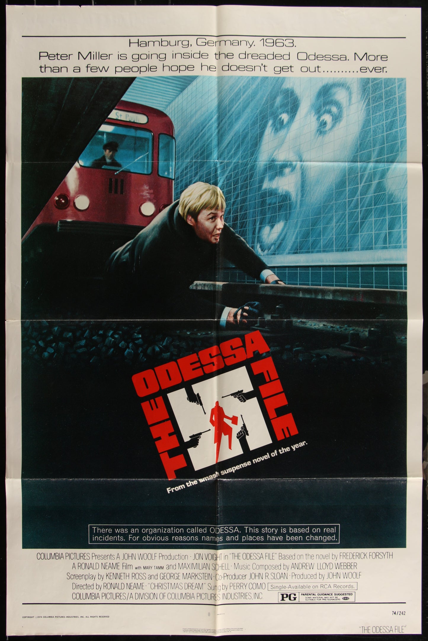 Original US one-sheet movie poster for The Odessa File featuring a man on a train with a large 'Odessa' text in the background.
