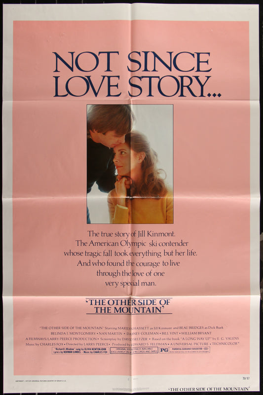 Vintage movie poster for 'The Other Side of the Mountain' featuring two people skiing, with text and pink background.
