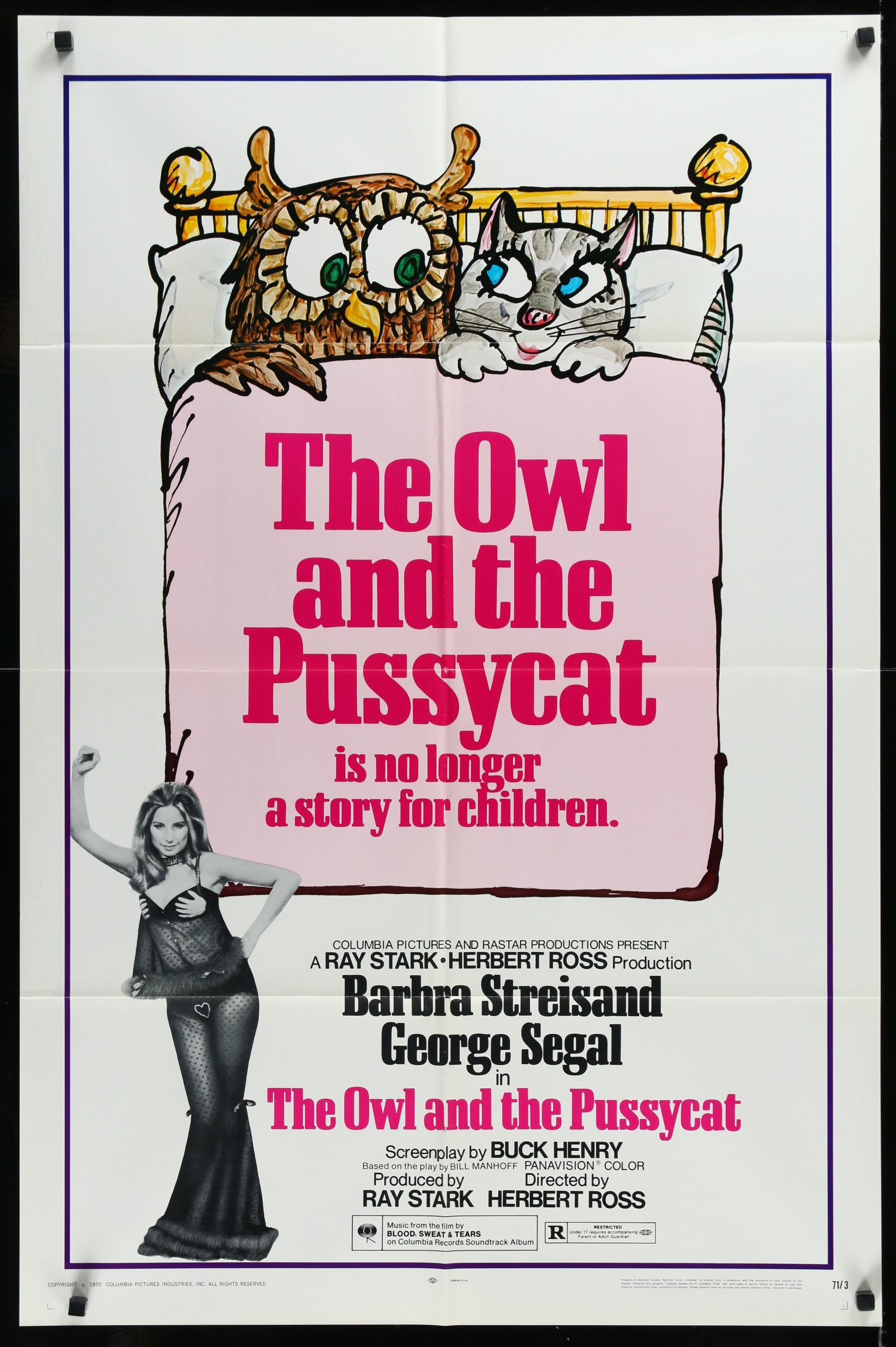 Vintage one-sheet movie poster for 'The Owl and the Pussycat' featuring illustrations of an owl and a cat on a bed, with the text 'Barbra Streisand' and 'George Segal' at the bottom.