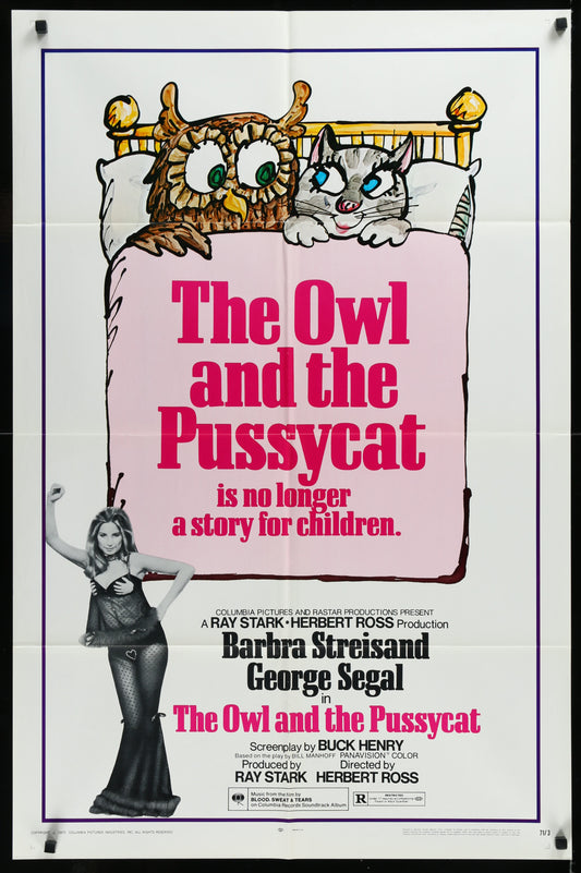 Vintage one-sheet movie poster for 'The Owl and the Pussycat' featuring illustrations of an owl and a cat on a bed, with the text 'Barbra Streisand' and 'George Segal' at the bottom.