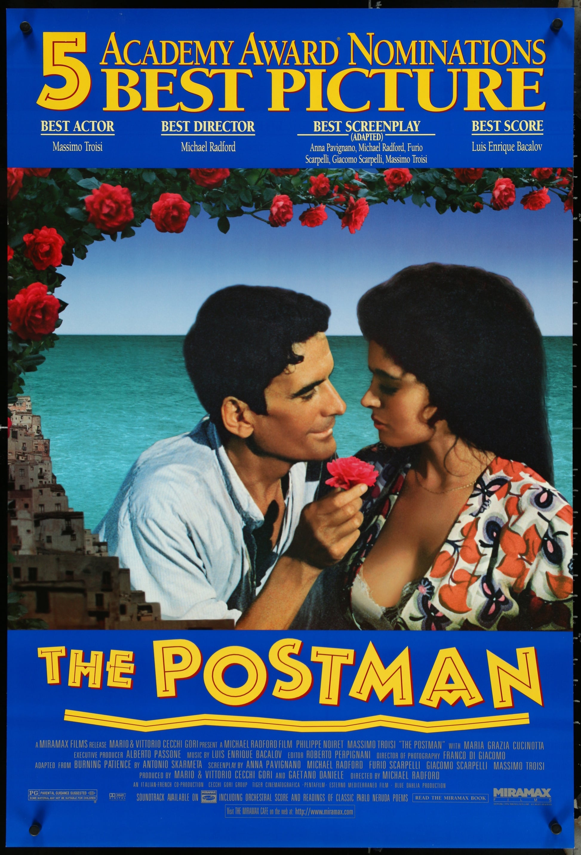 Movie poster for 'The Postman' with a couple by the ocean and Academy Award nominations text.