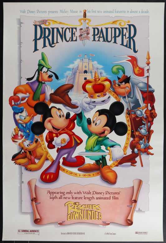 Original US one sheet movie poster for 'The Prince And The Pauper' featuring animated characters Mickey Mouse and others from the film, with a white background and red text.