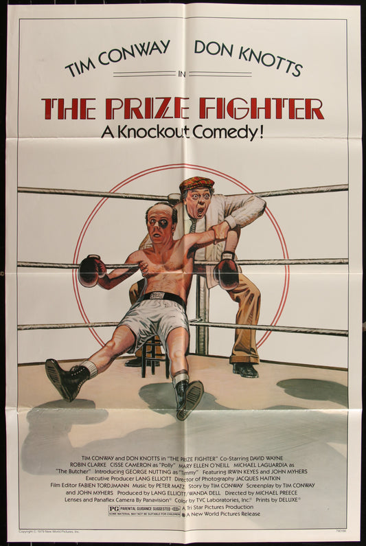 Vintage style movie poster for 'The Prize Fighter' featuring a cartoonish illustration of a boxer in a white ring with a referee in the background, indicating a boxing or martial arts theme. The poster is folded and shows some wear.
