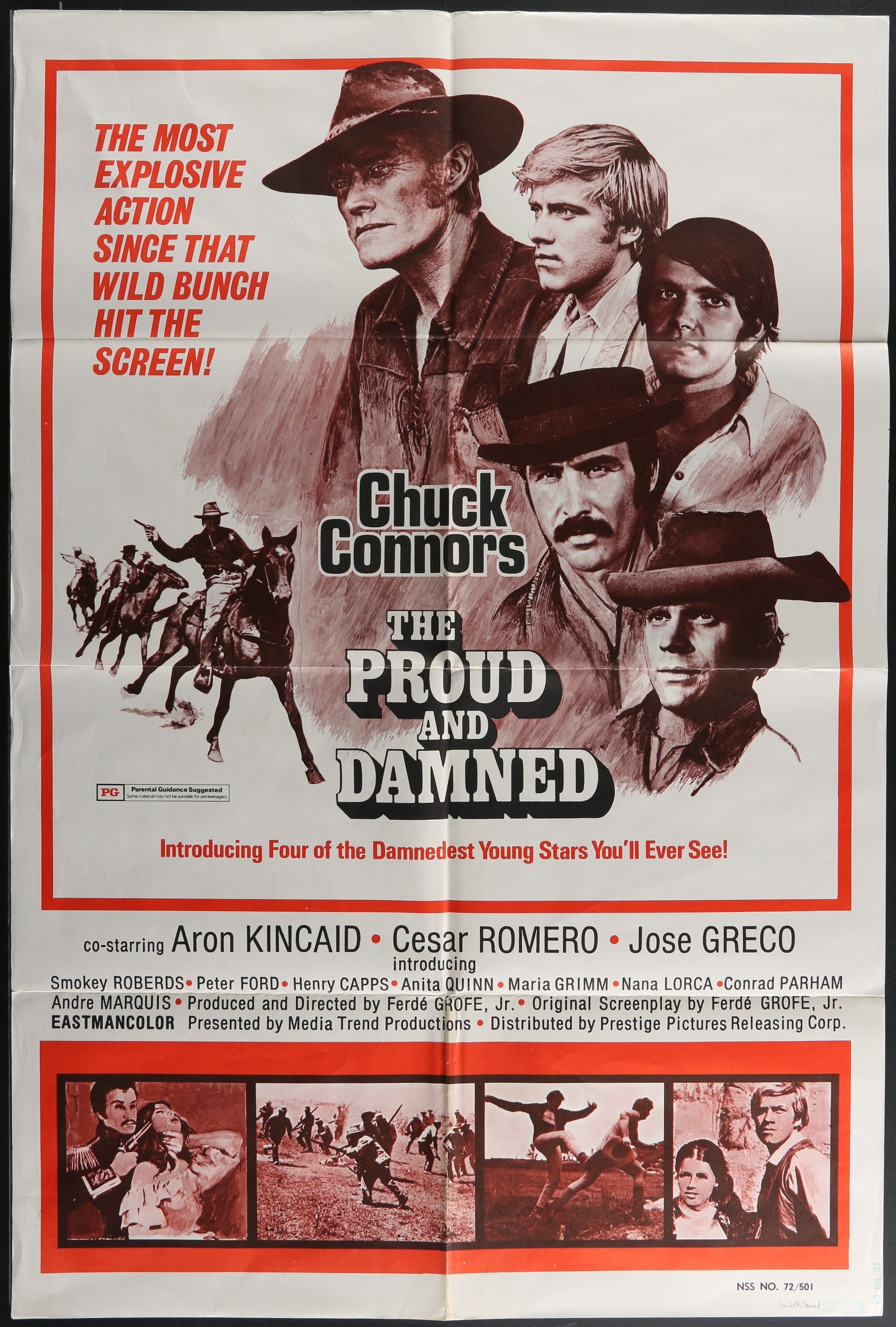 Vintage one-sheet movie poster for 'The Proud And The Damned' featuring portraits of the main characters with a horse chase backdrop.
