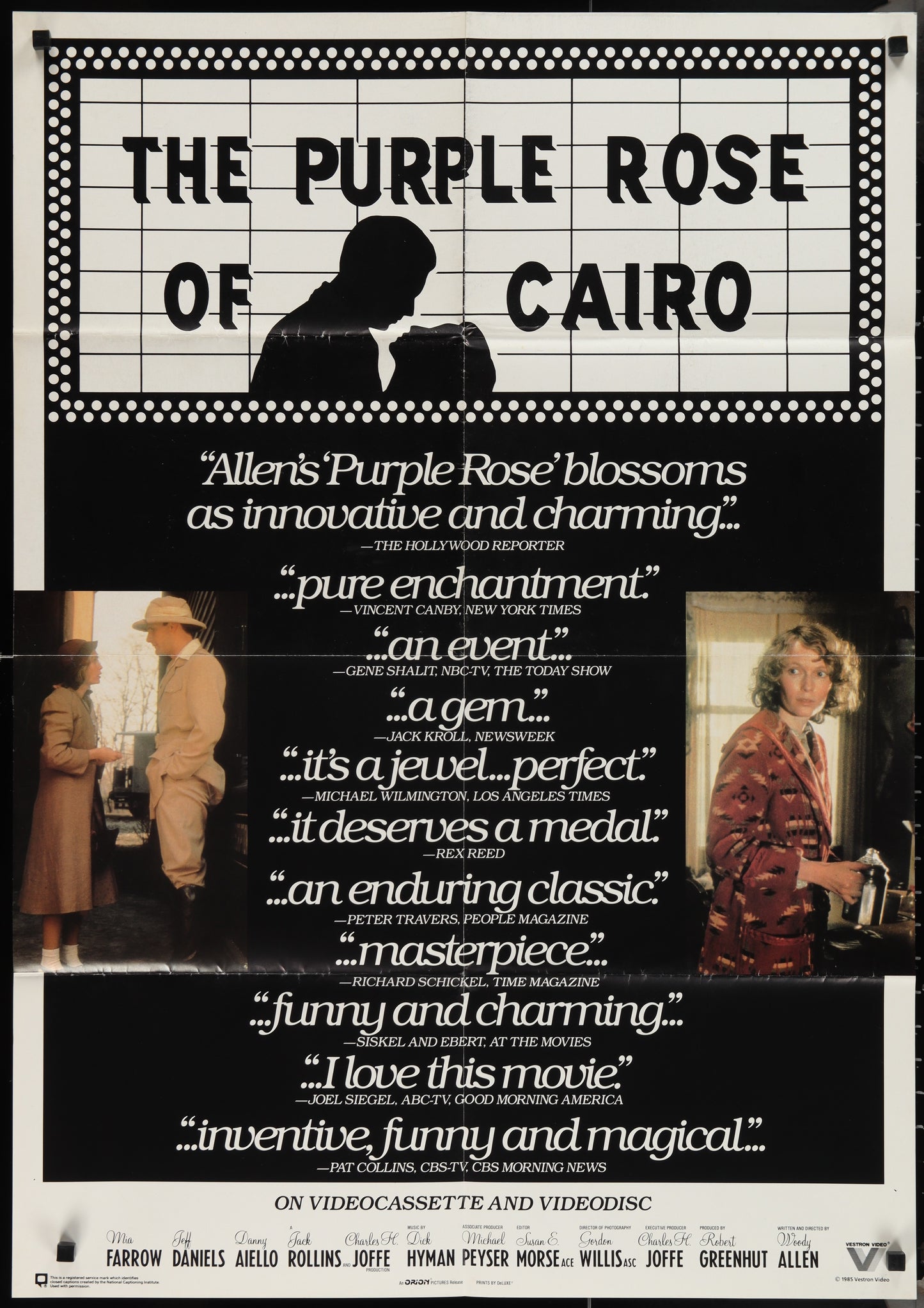 A vintage style poster for the movie 'The Purple Rose Of Cairo' featuring images of the main characters with movie quotes and accolades.