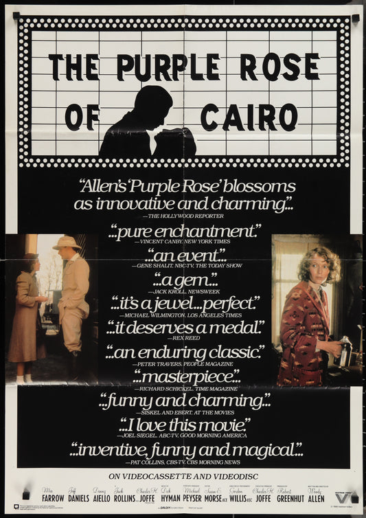 A vintage style poster for the movie 'The Purple Rose Of Cairo' featuring images of the main characters with movie quotes and accolades.