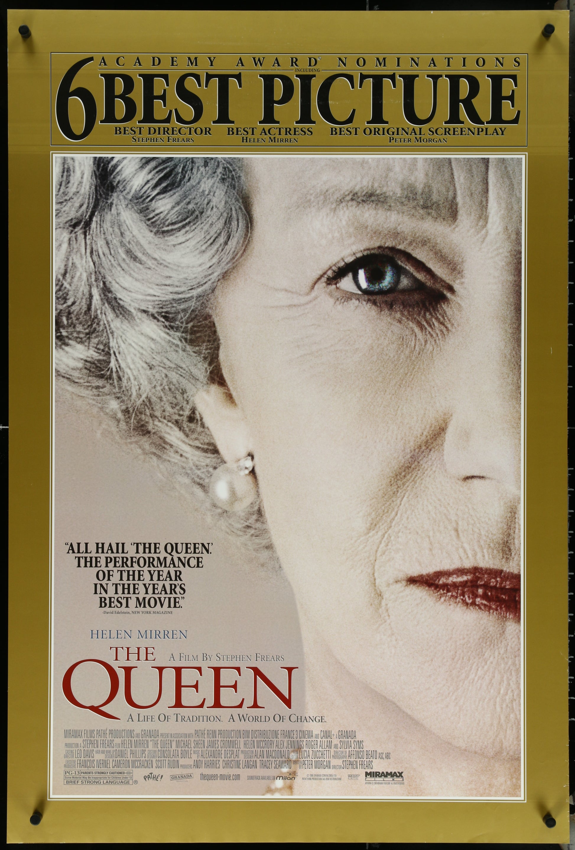 A poster for the movie 'The Queen' featuring a close-up image of Helen Mirren with a background of the movie's title and details such as '6 Best Picture Nominees' and the film's release date.