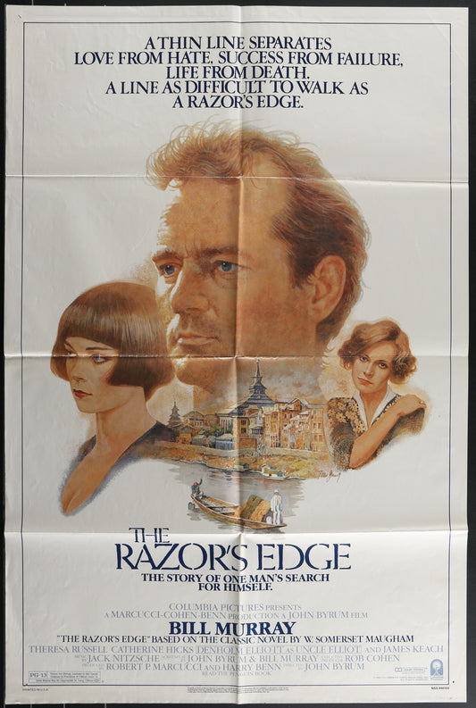 The Razor's Edge (1984) Original US One Sheet Movie Poster featuring images of the main characters and a town on fire, with text and handwritten signature at the bottom right corner.