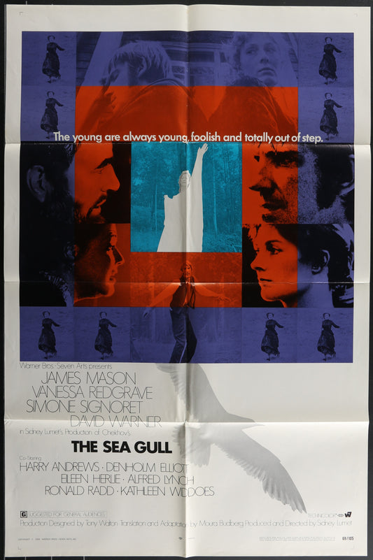 Vintage one-sheet movie poster for 'The Sea Gull' featuring portraits of the main characters in the drama, with a red, blue, and purple color scheme.