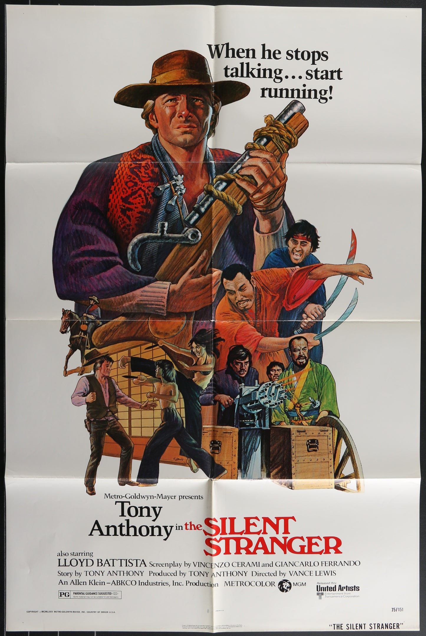 Vintage style movie poster for 'The Silent Stranger' featuring a man with a gun, surrounded by a group of other characters in a Western setting. The poster is in black, red, and brown tones.