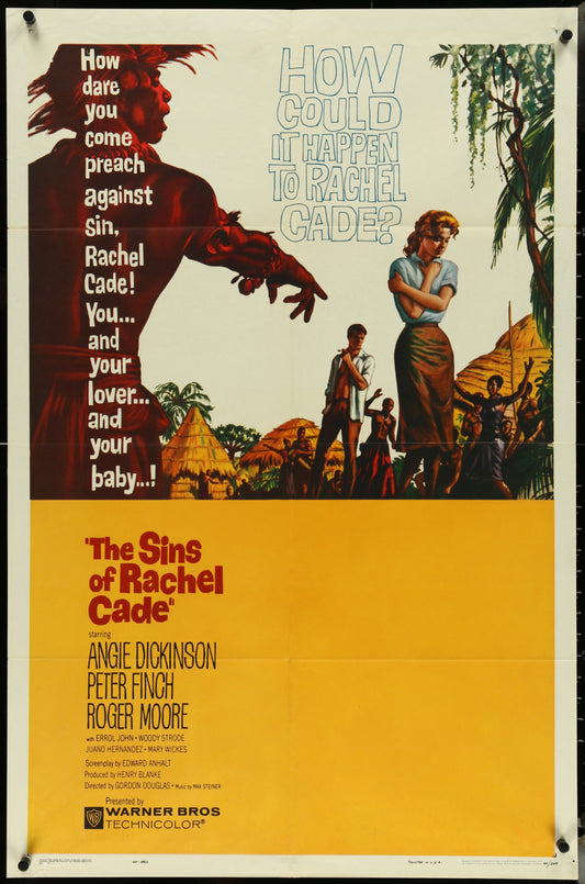 Vintage one-sheet movie poster for 'The Sins Of Rachel Cade' featuring a man and a woman in a tropical setting, with the title and text overlay.