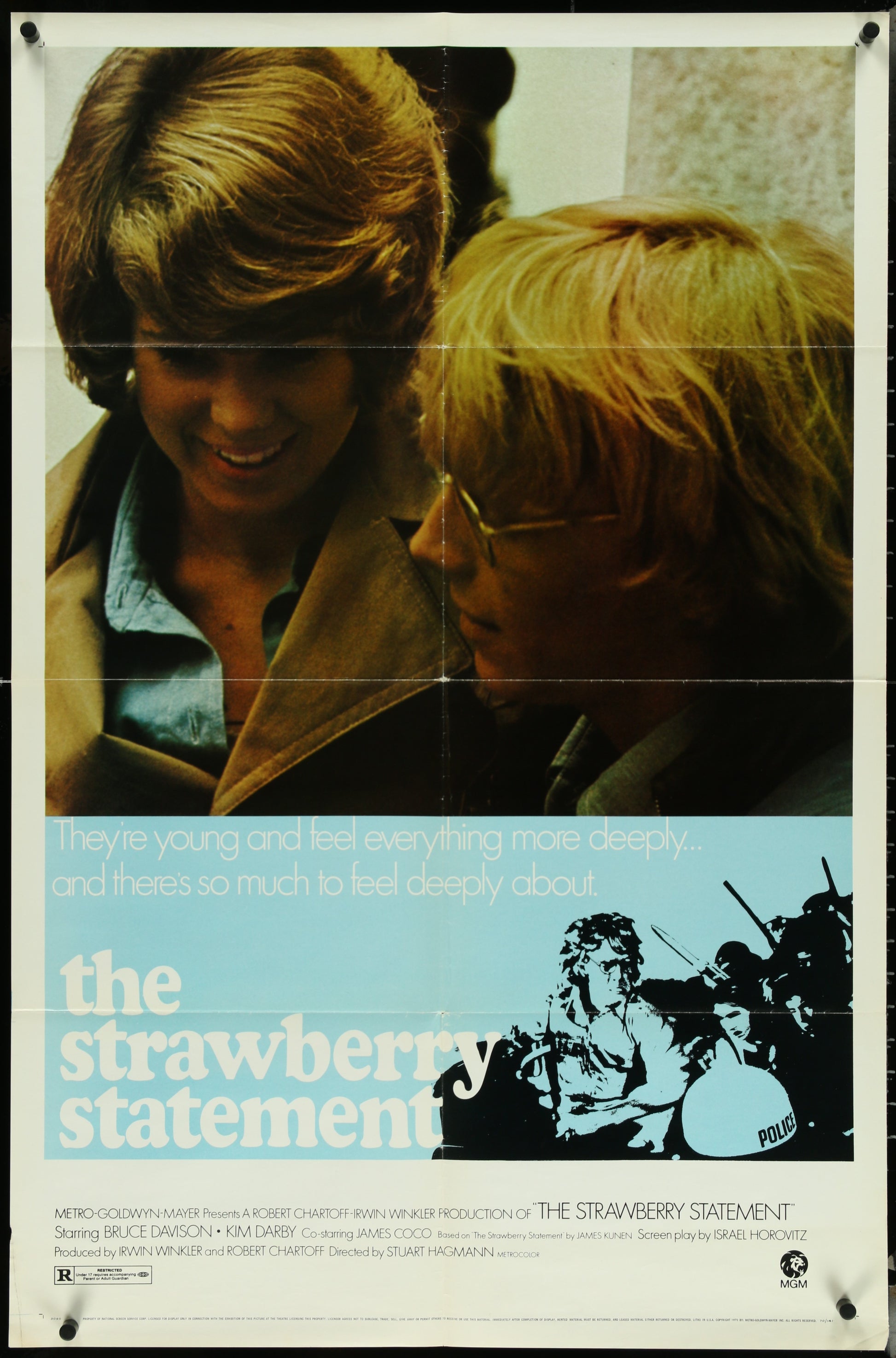 A vintage one-sheet movie poster for 'The Strawberry Statement' featuring two characters in a conversation, with the title text overlaid.