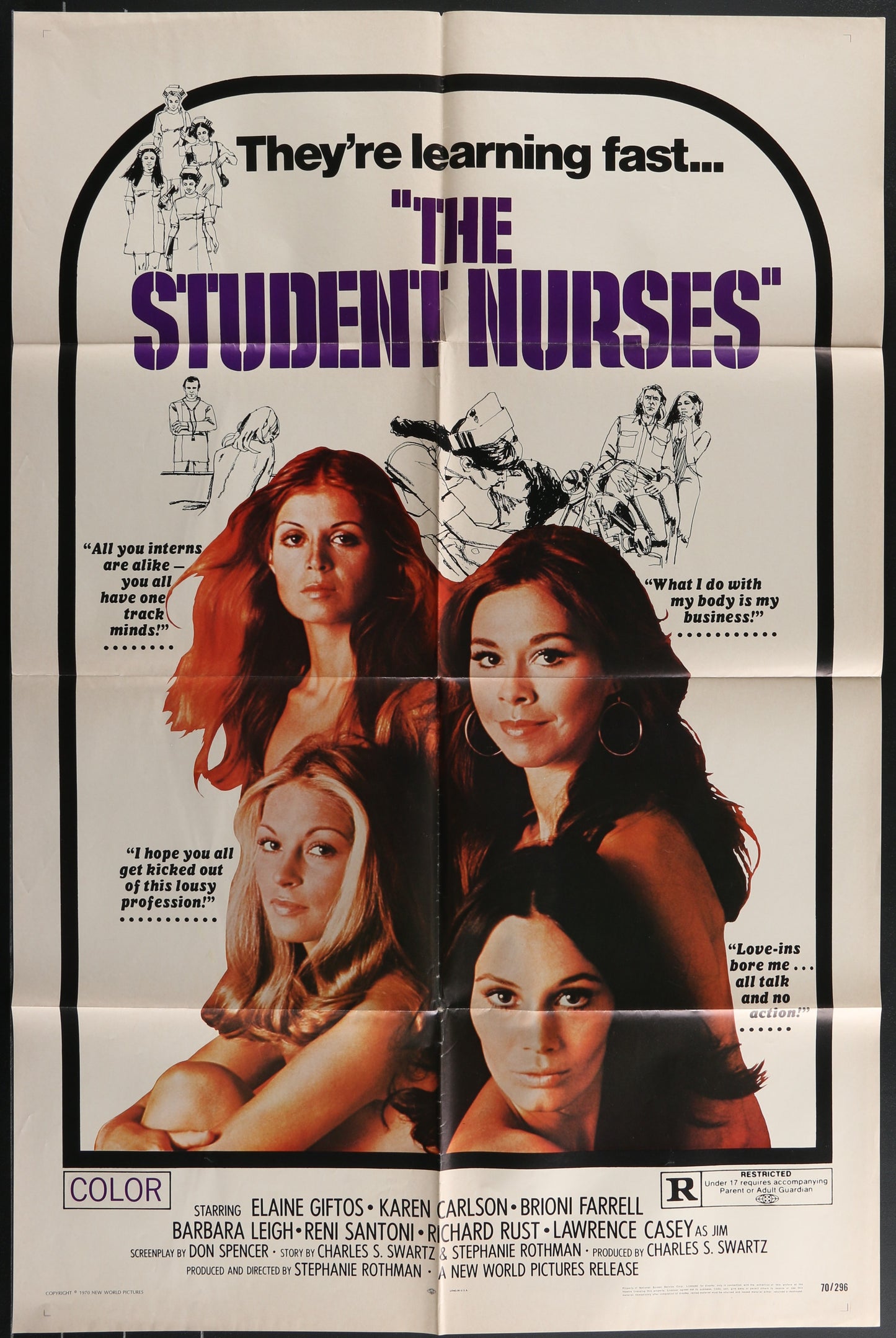 Vintage one-sheet movie poster for 'The Student Nurses' featuring three female characters with a hospital backdrop.